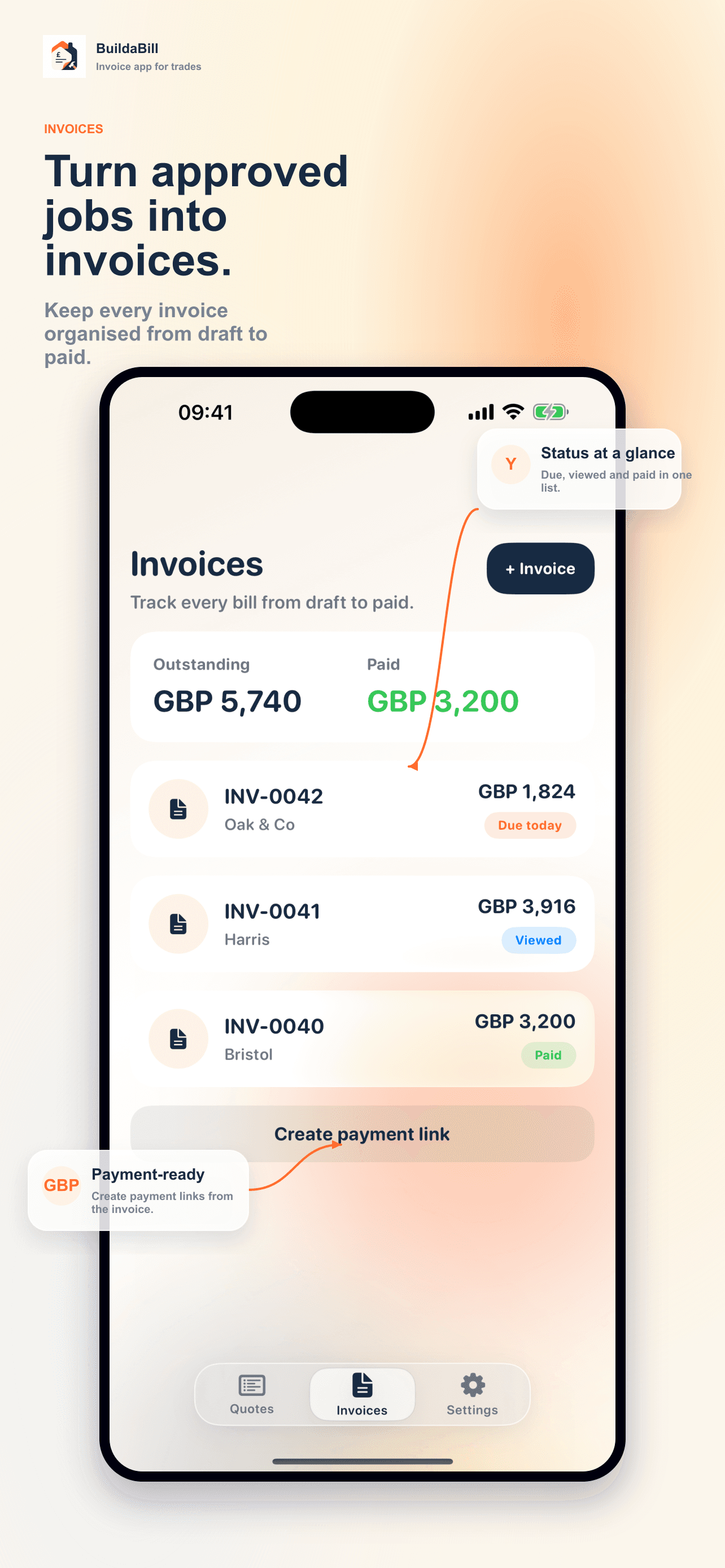 Invoices screen in BuildaBill.