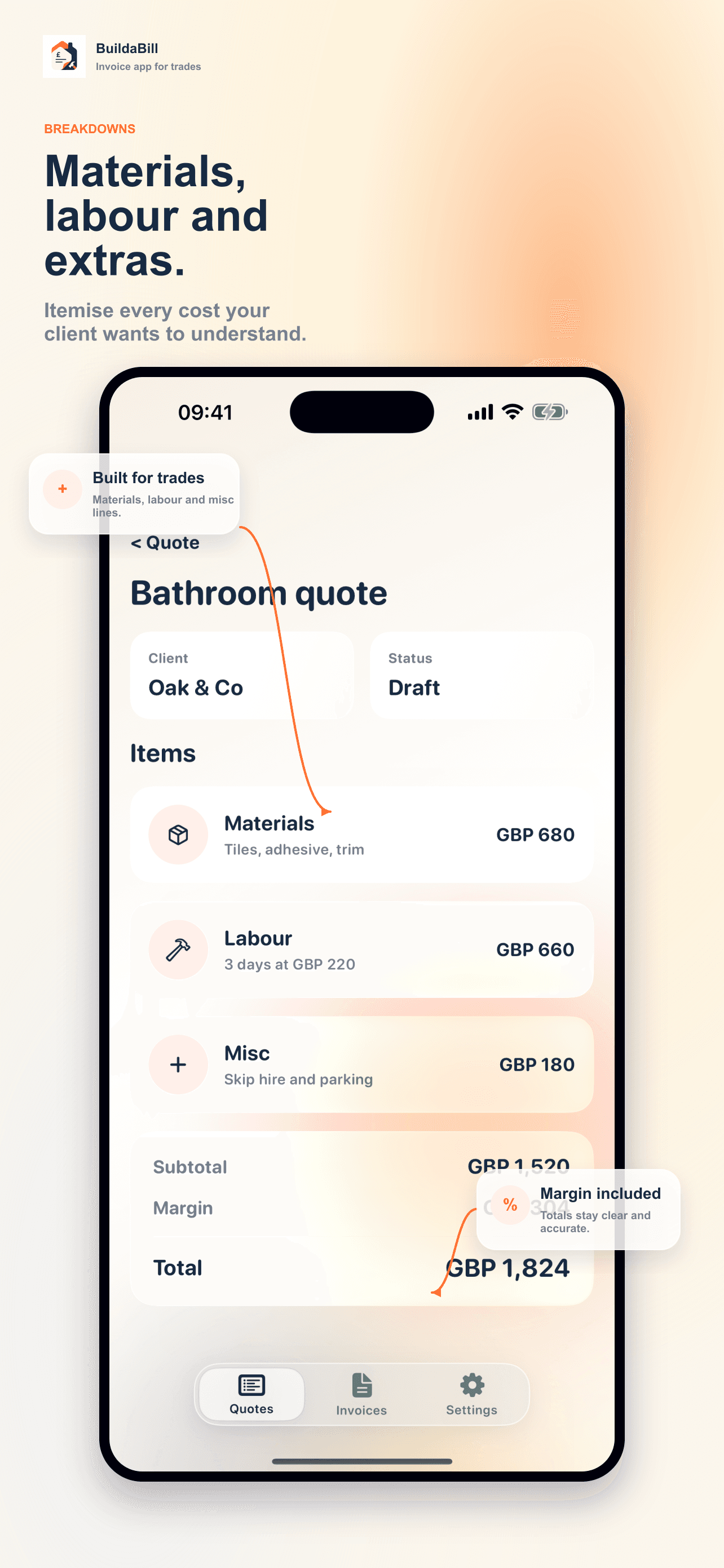 Breakdowns screen in BuildaBill.